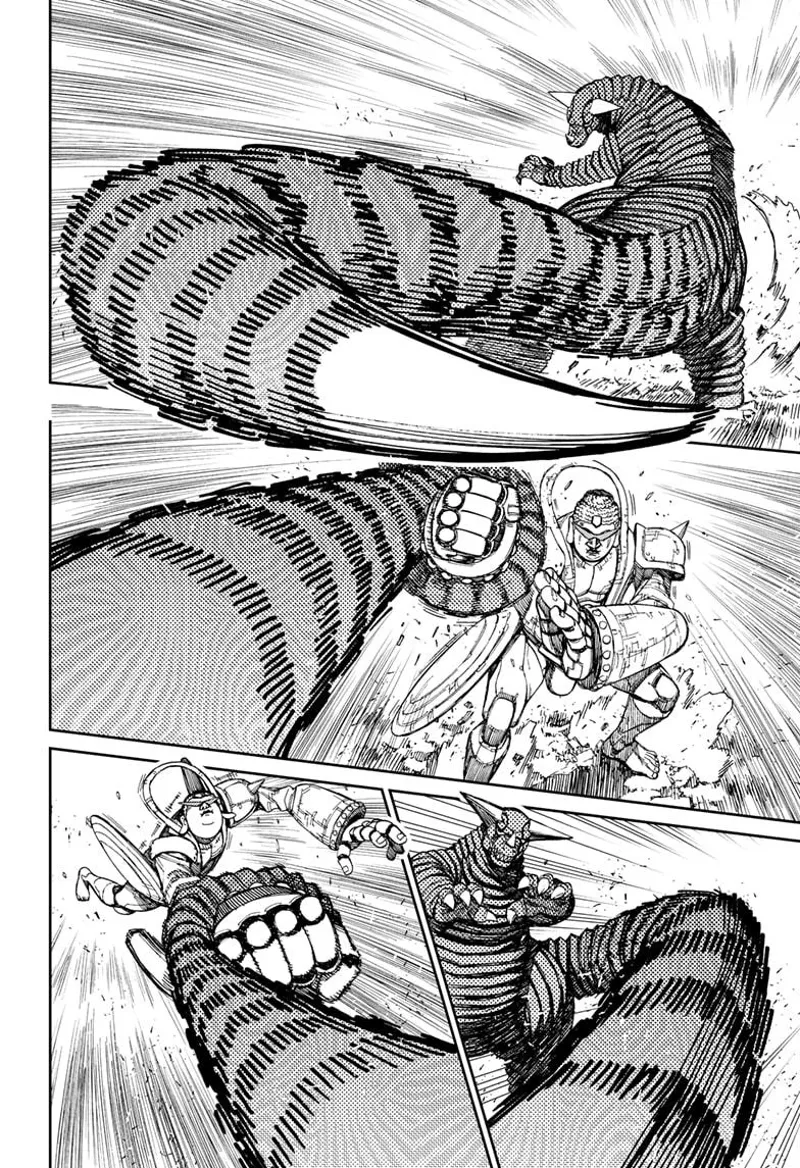 The Kaiju whips out its arm and grabs the robot's arm.