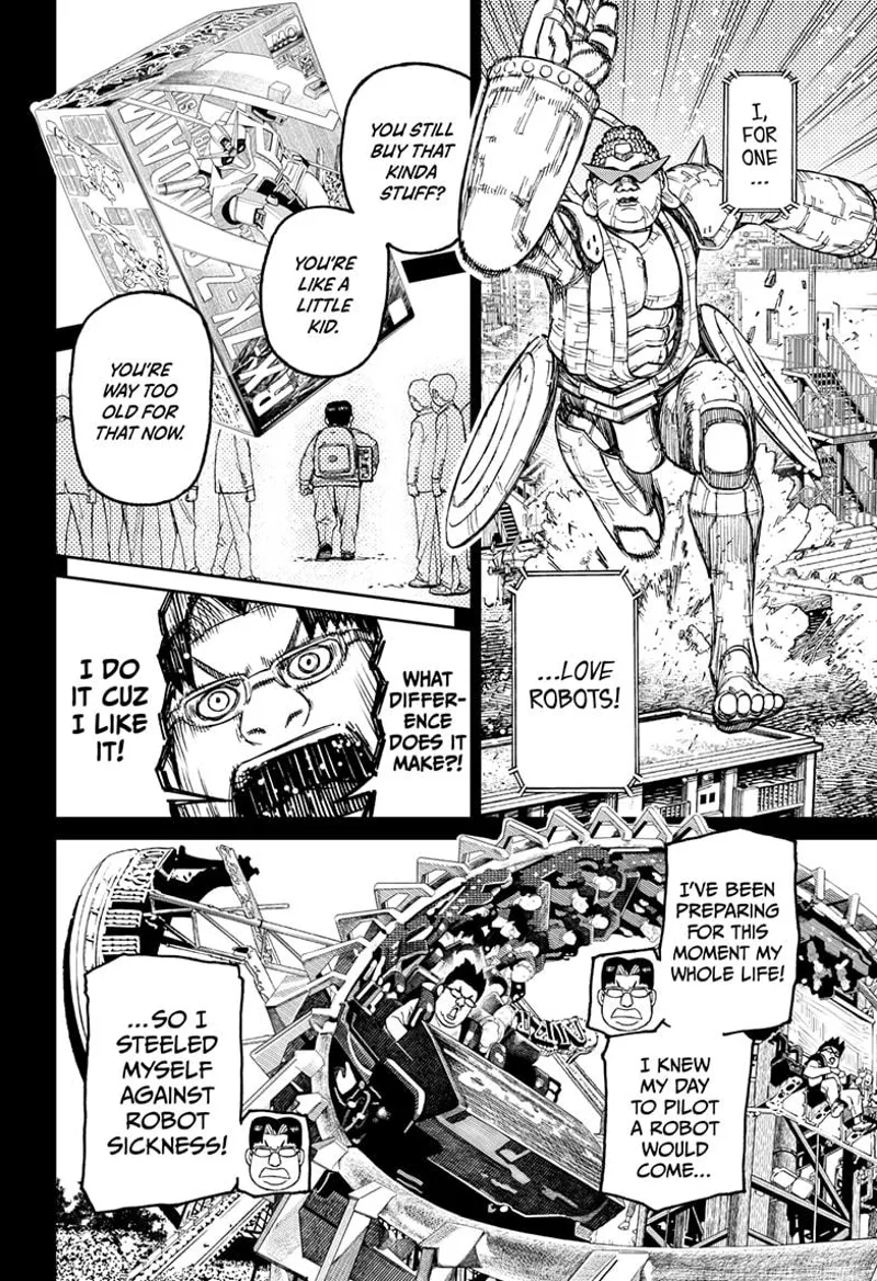 The robot runs towards the Kaiju. Kinta recalls his childhood love for robots and how this was his dream come true.
