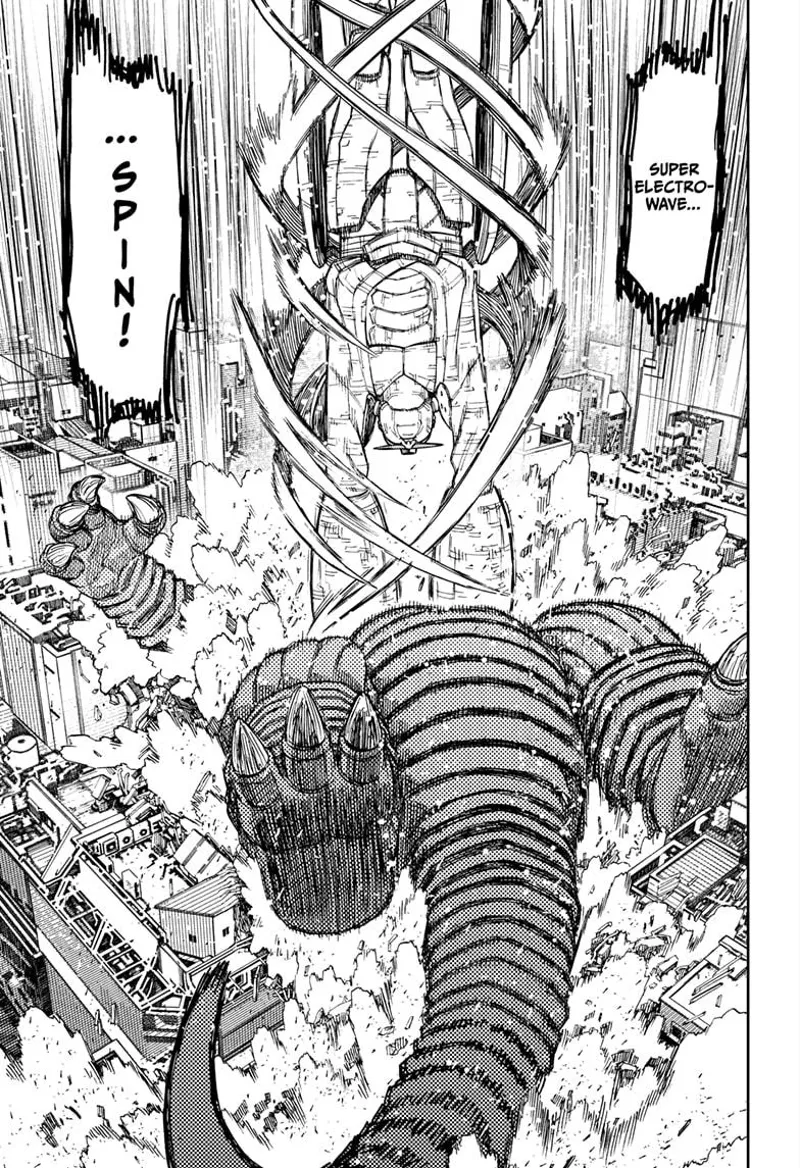 The robot attacks with "Super Electro-wave Spin" and smashes the Kaiju from above.