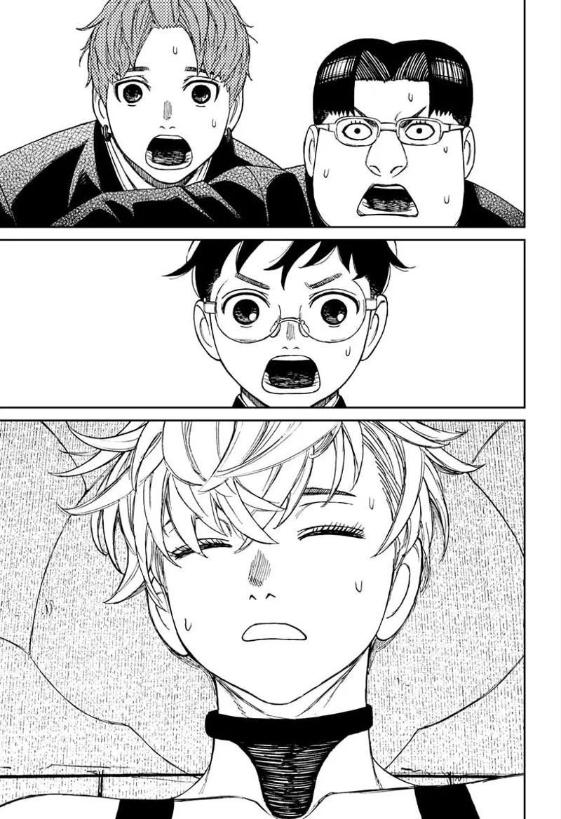 Kinta, Jiji, and Okarun are shocked upon seeing the person, who is sweating but unconscious.