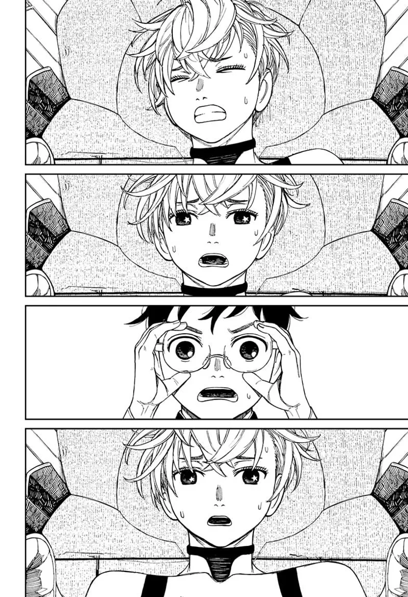 The woman groans and wakes up, seeing Okarun holding his glasses.