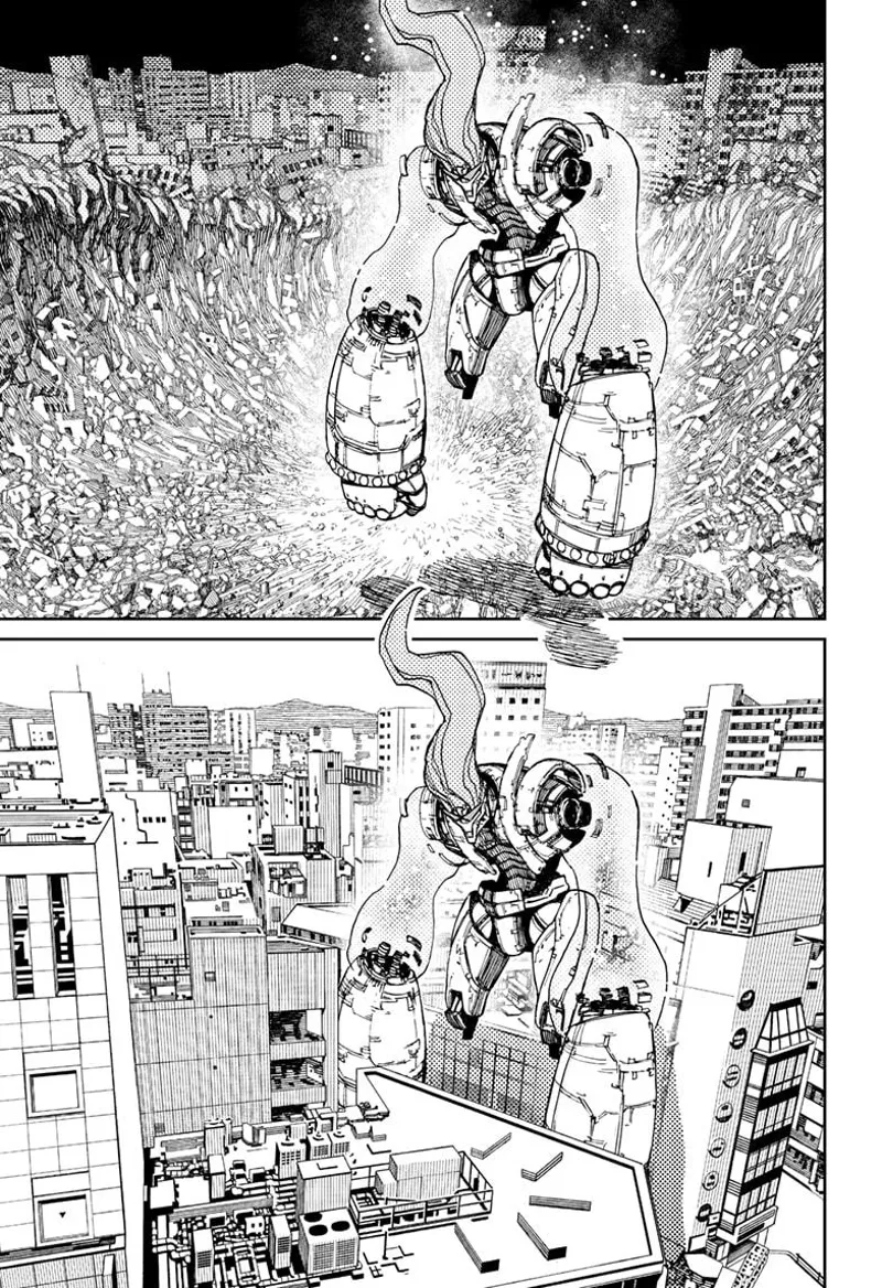 The Kaiju and the black sky disappear while the buildings return to normal.