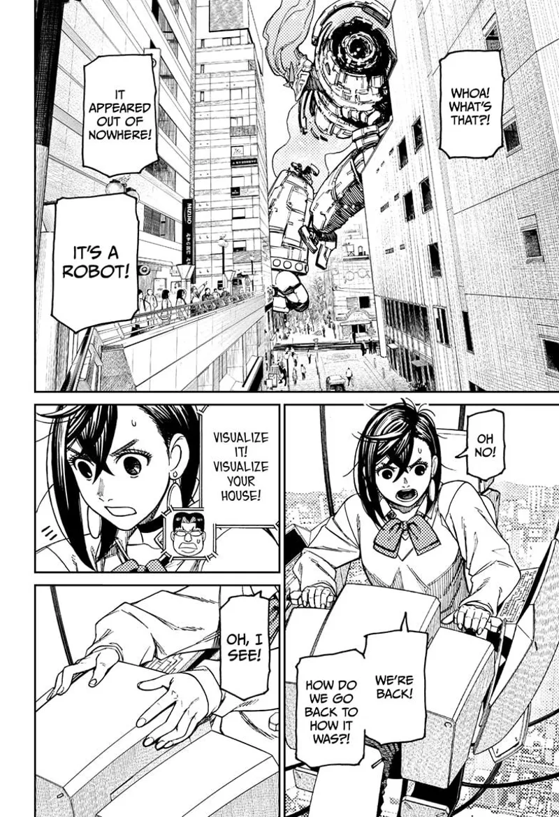 People see a huge robot strolling near the building. Momo wants to turn the robot back to the house.