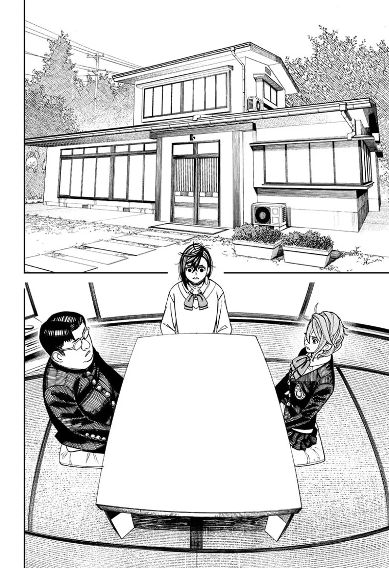 The house is rebuilt to its original form. Aira, Momo, and Kinta sit at a table.