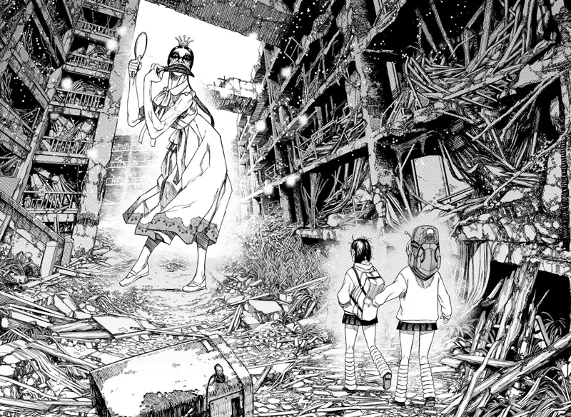 A giant lady in white clothes holding a mirror and lipstickking her wide lips appears before them.