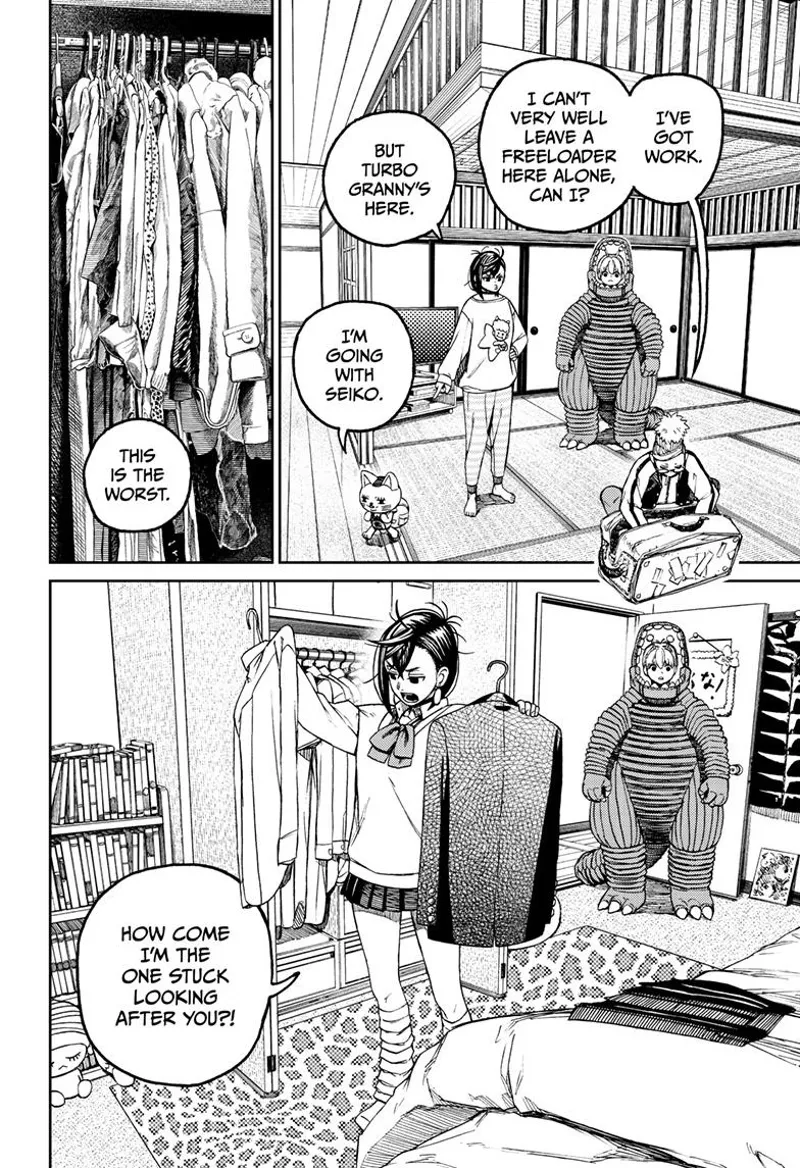 Grandma and Turbo Granny pack up for work. Momo grabs two pairs of clothes while Vamola stands inside her Kaiju suit.