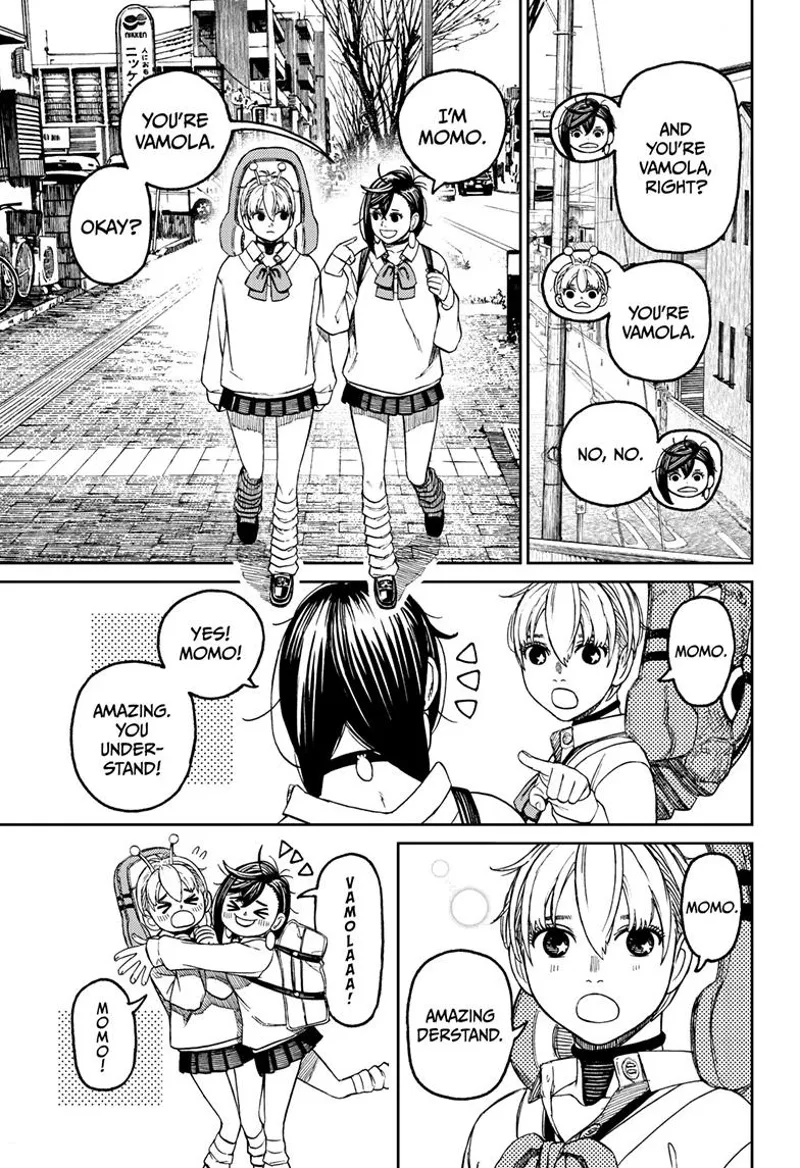 Momo embraces Vamola after quickly learning their names.