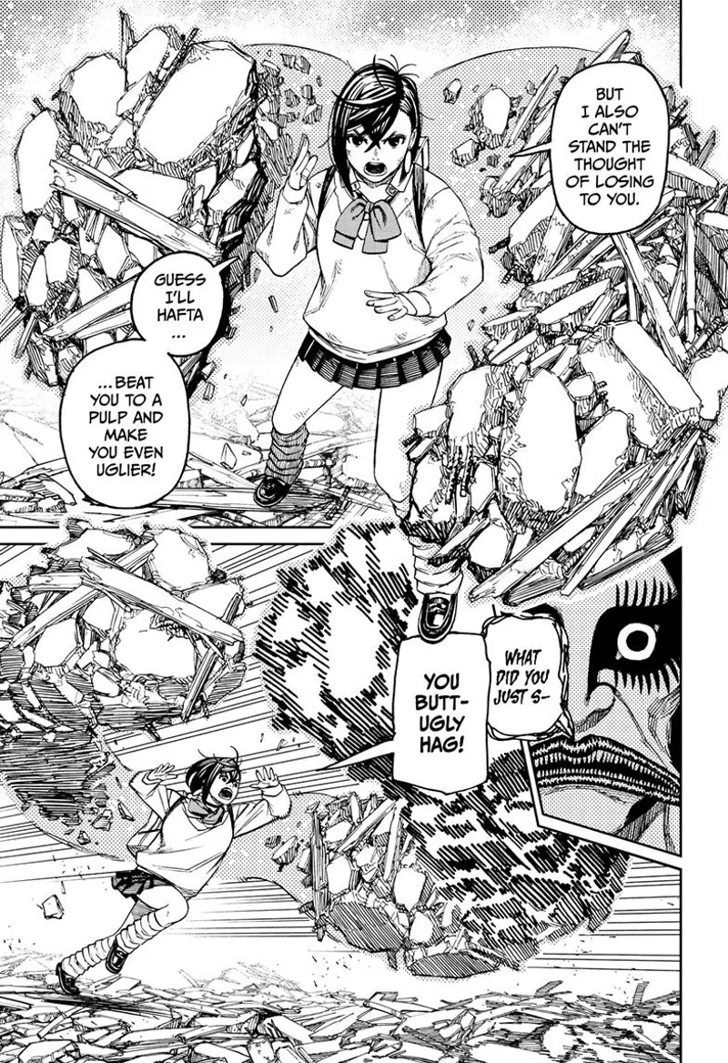 Momo gathers the debris and forms a fist with it. He calls the ghost ugly and attacks her.