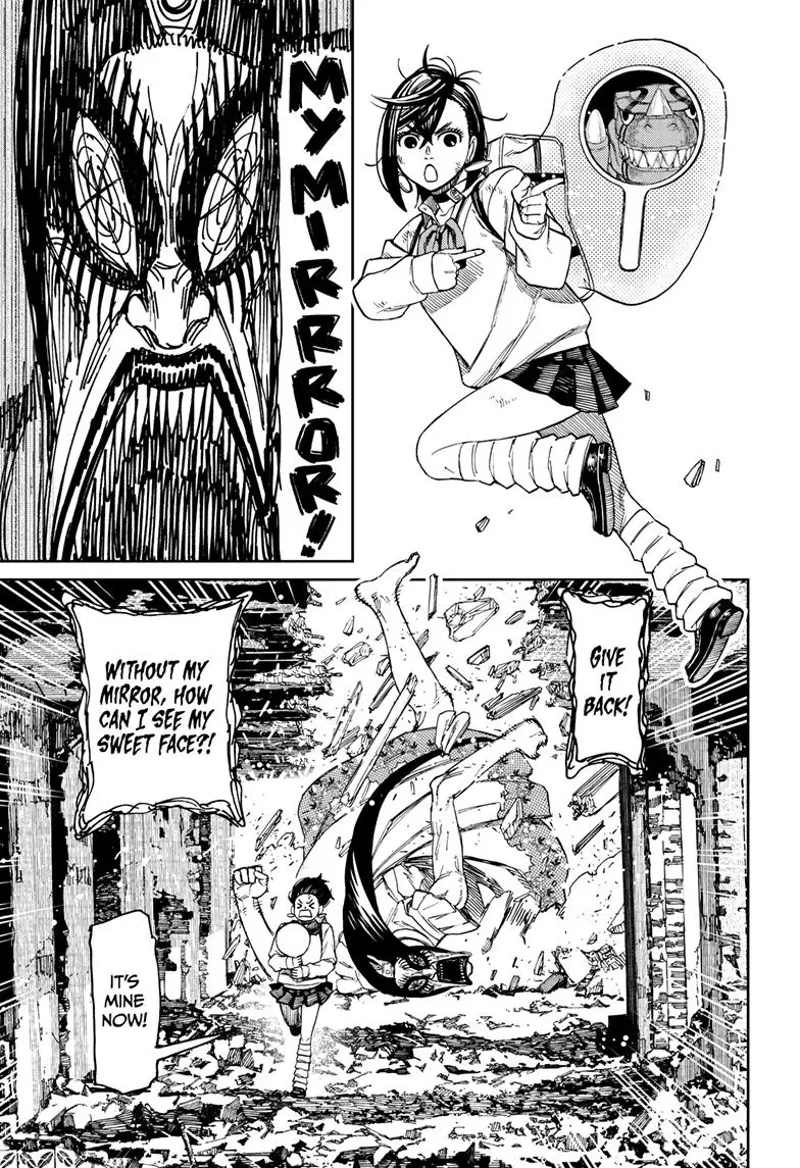 Momo grabs the ghost's mirror. The ugly ghost lady gets extremely mad and stumbles as she chases Momo.