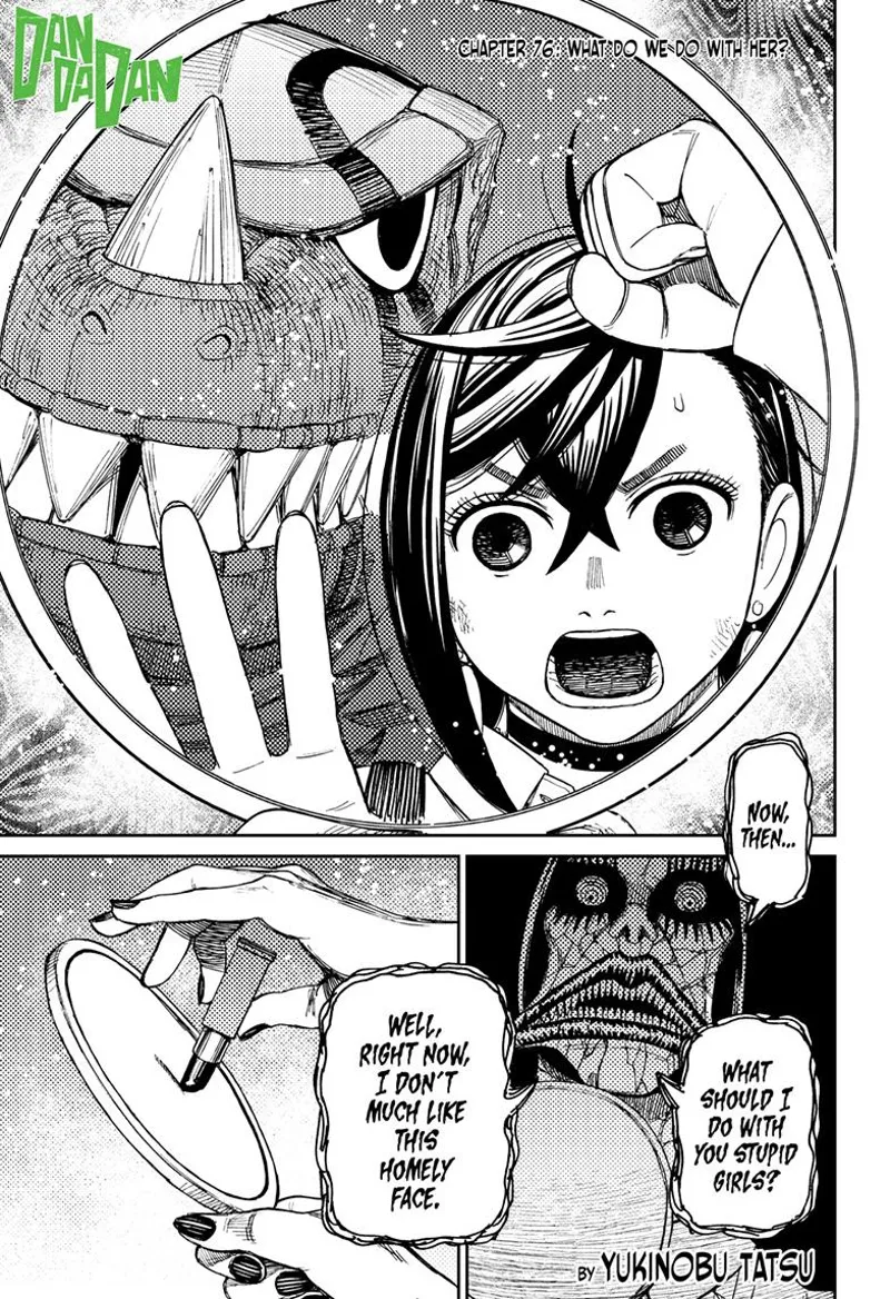 Momo and Kaiju Vamola are trapped inside the mirror. The ugly ghost lady paints her mirror with lipstick.