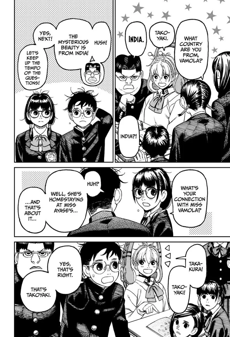 Kinta helps Vamola answer some of the questions. The class representative asks Okarun. Vamola sees a takoyaki drawing.