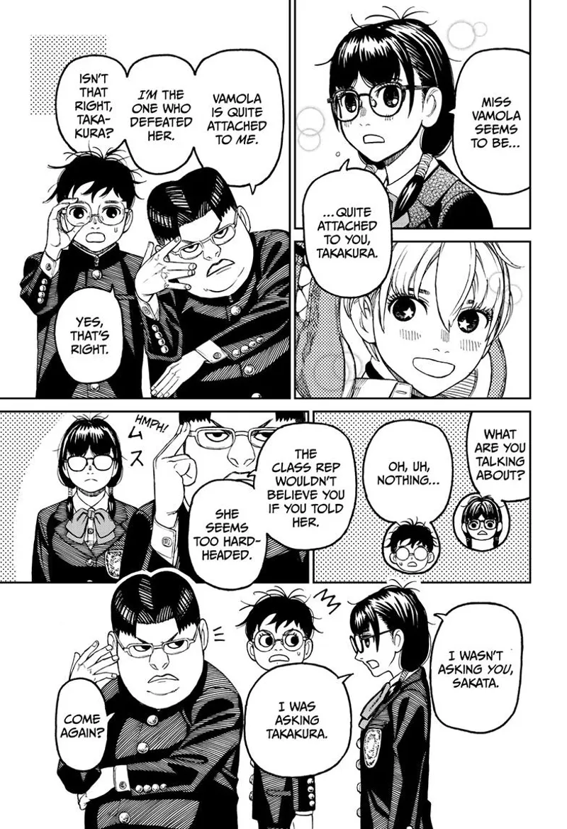 The class rep notices Vamola getting attached to Okarun. Kinta corrects her and says Vamola is attached to him.