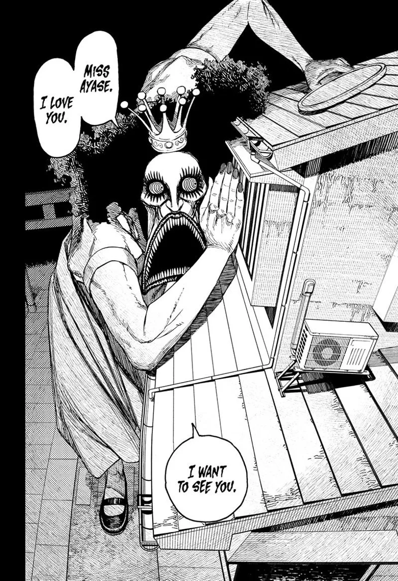 Reiko Kashima is outside the house leaning on the house; her face is close to Momo's room.