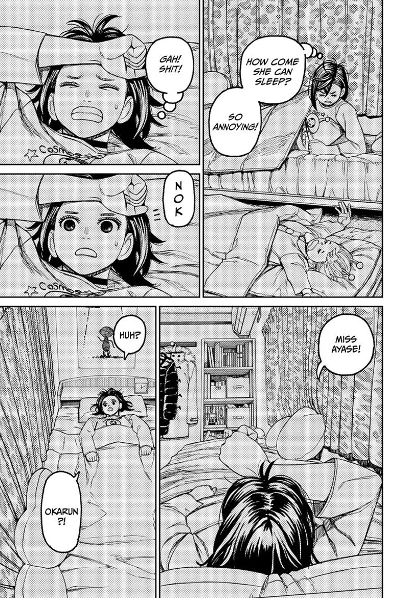 Momo wonders why she can't sleep. She hears Okarun's voice outside.