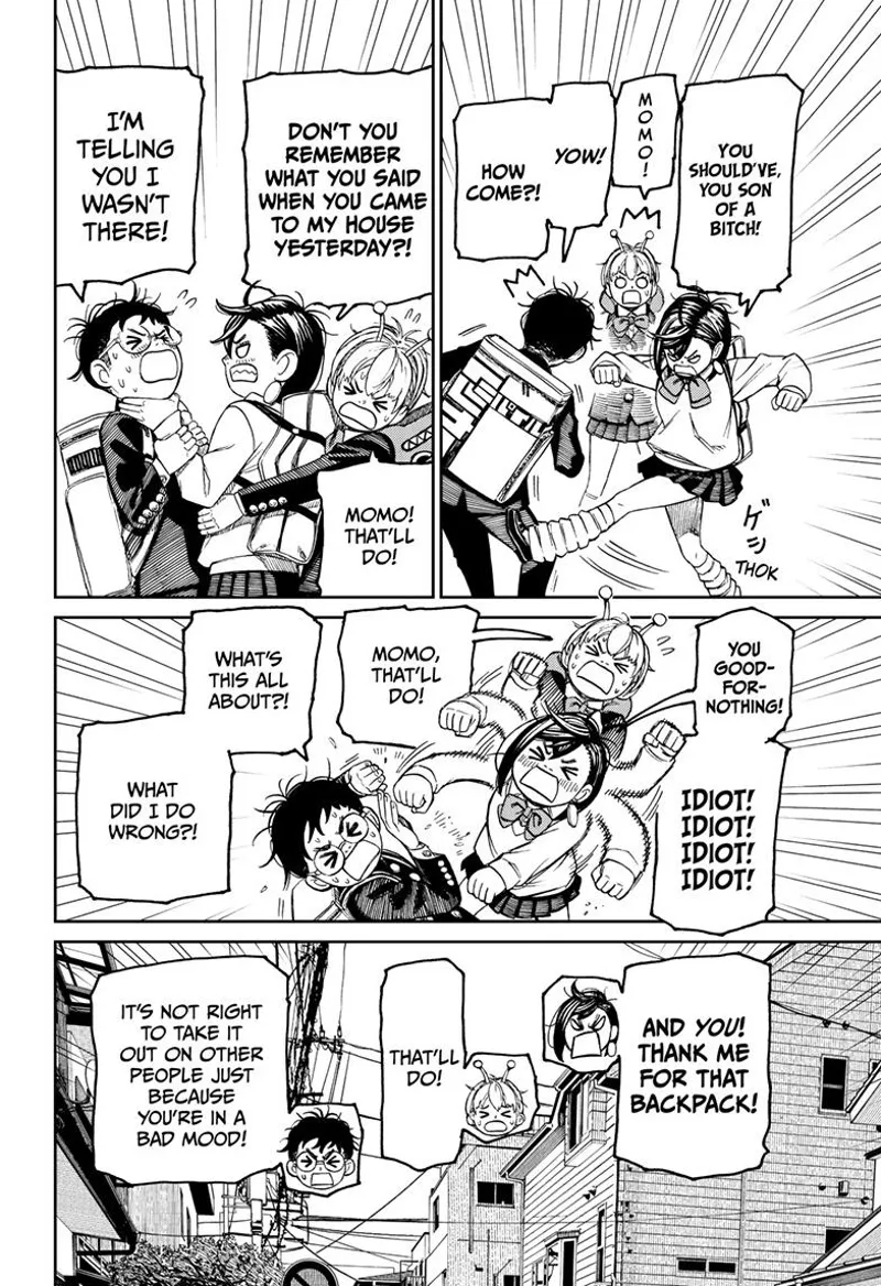 Momo playfully punches Okarun for not visiting her last night.