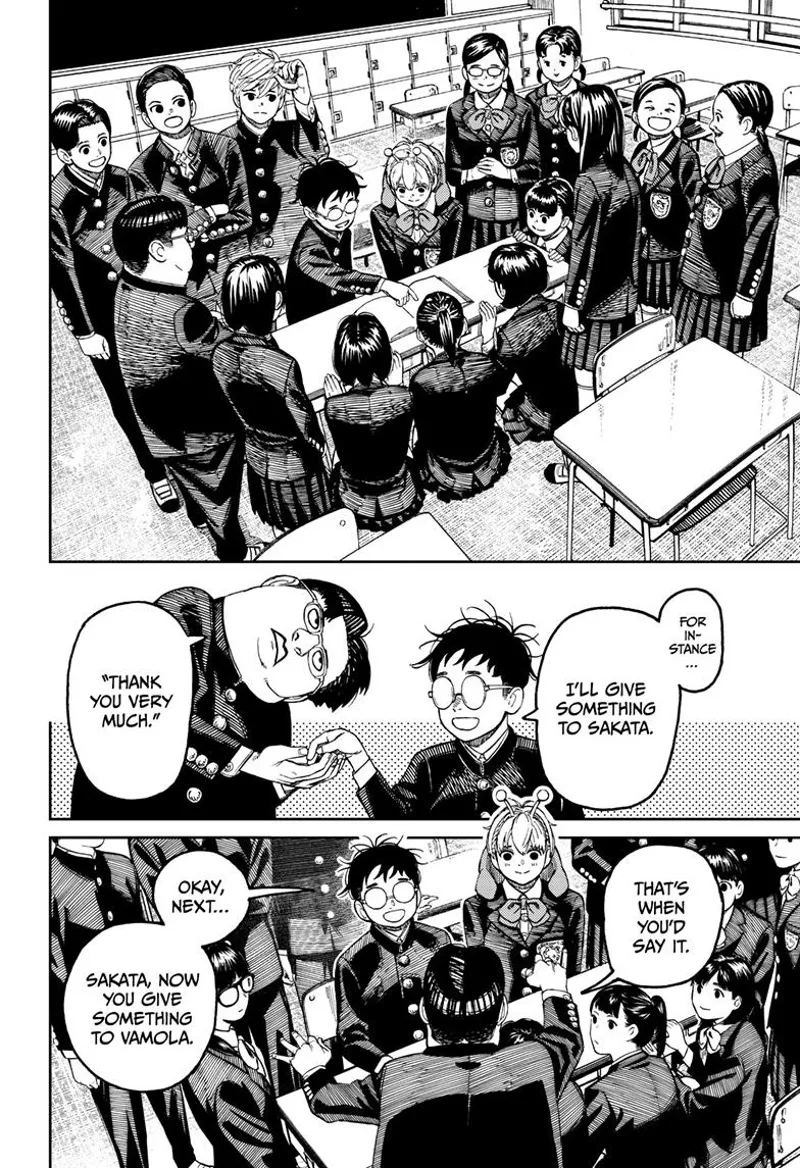 Okarun and Kinta teach Vamola when to say thank you. They are surrounded by classmates.