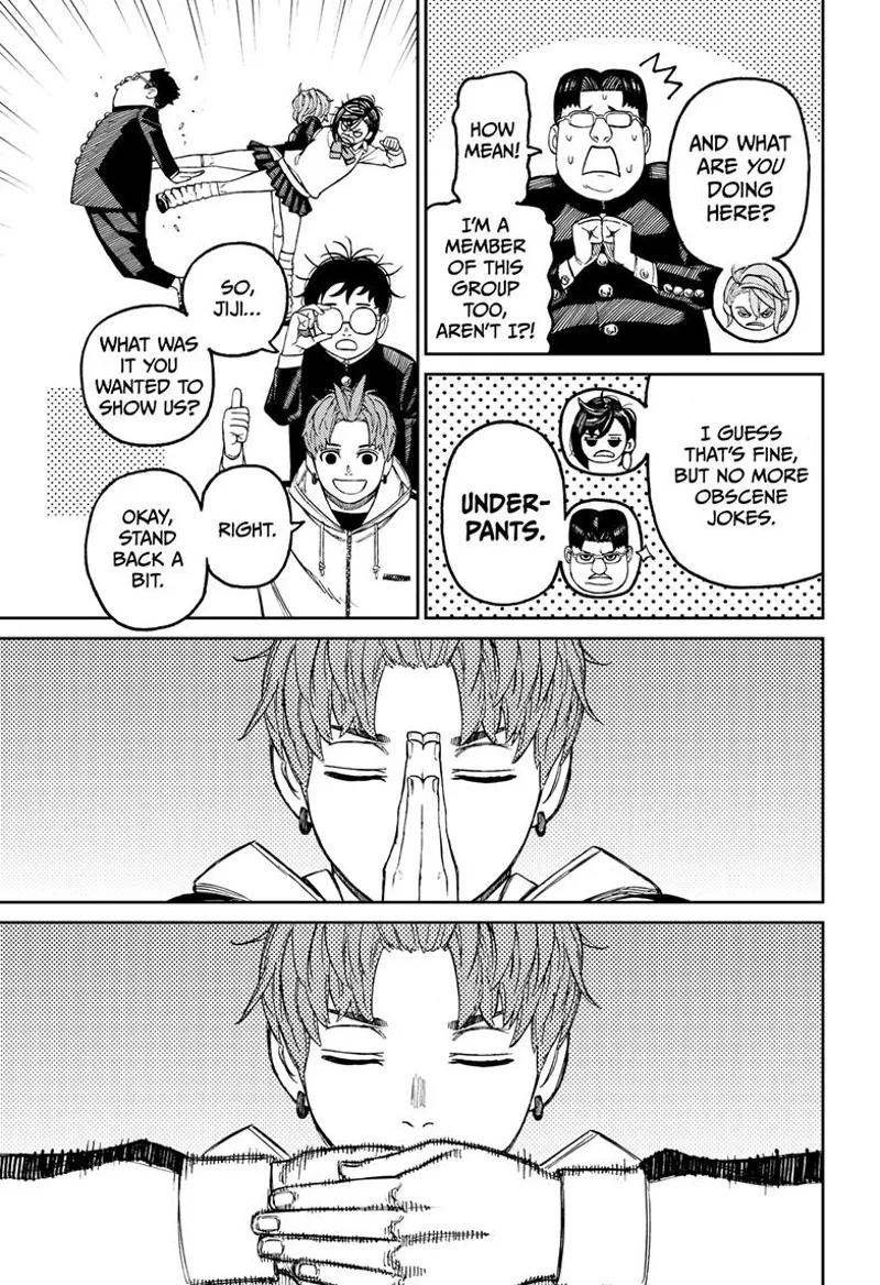 Momo and Aira kick Kinta after making an obscene joke. Jiji makes hand gestures as he wants to show them something.