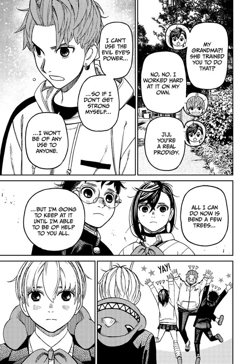Okarun, Jiji, and Momo celebrate after Jiji learns a new attack. Vamola watches them.