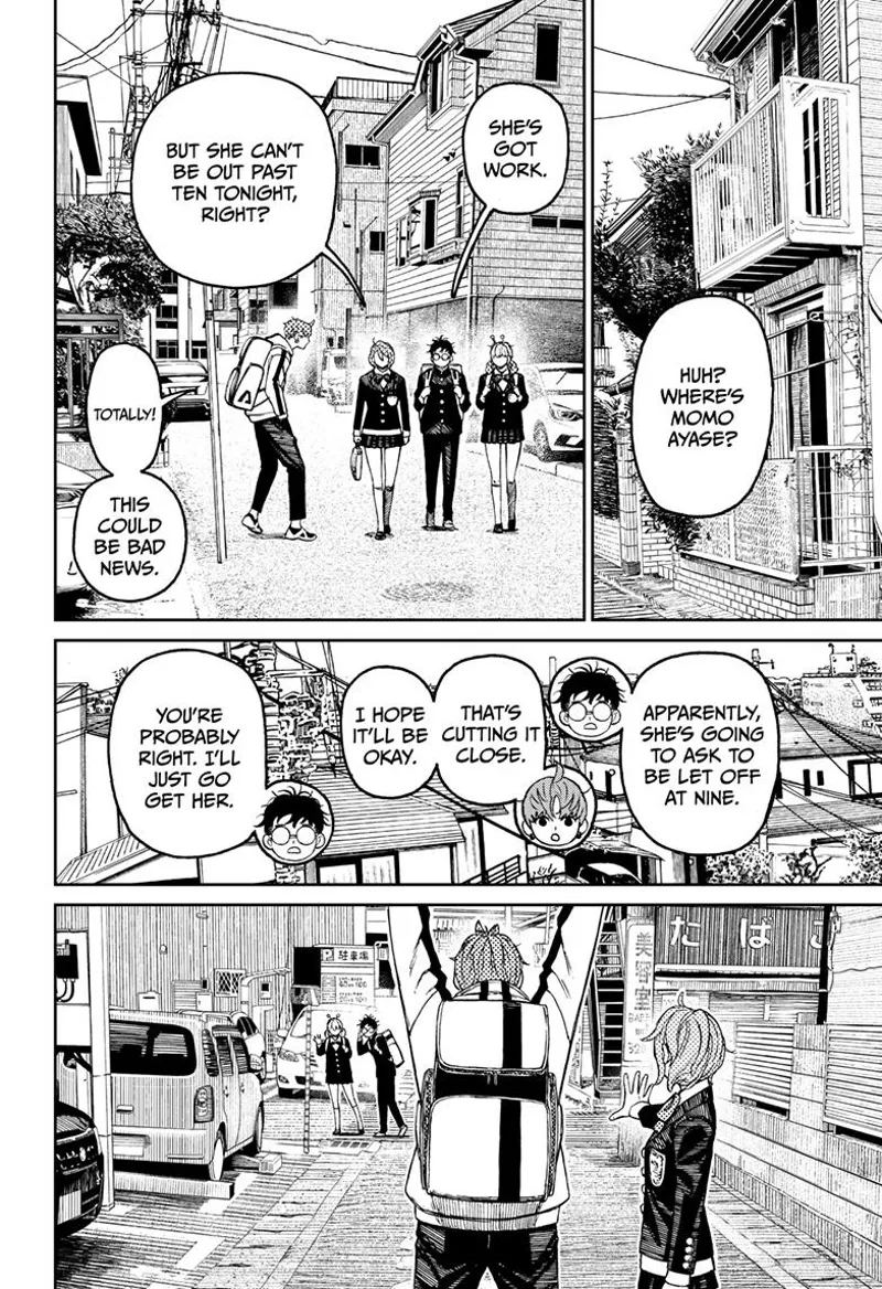 Vamola, Okarun, Aira, and Jiji walks home. Okarun and Vamola leave Jiji and Aira as they head to fetch Momo.