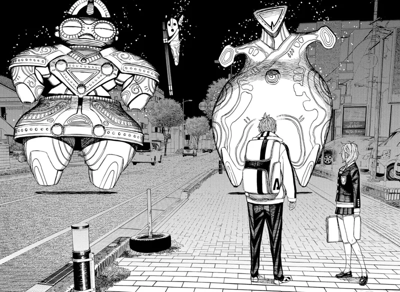 Aira and Jiji look behind and see two huge aliens and a third small one hovering in the middle. The sky darkens.