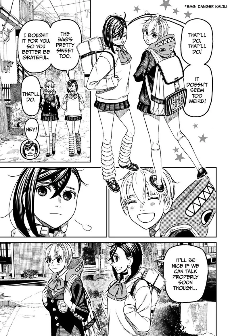 Momo bought a backpack for Vamola to disguise the Kaiju head. They both walk to school together.