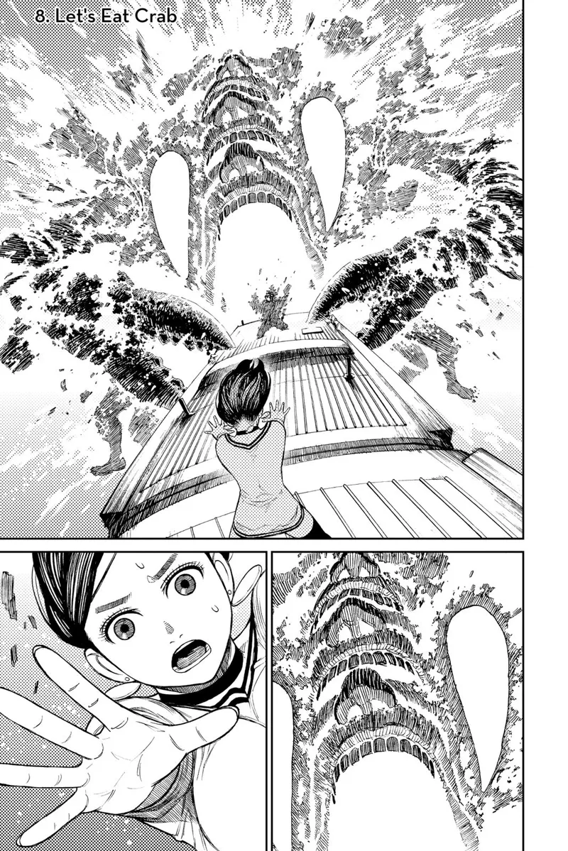 The giant crab and Turbo Granny burns while riding on top of the train as Momo grabs her with her powers.