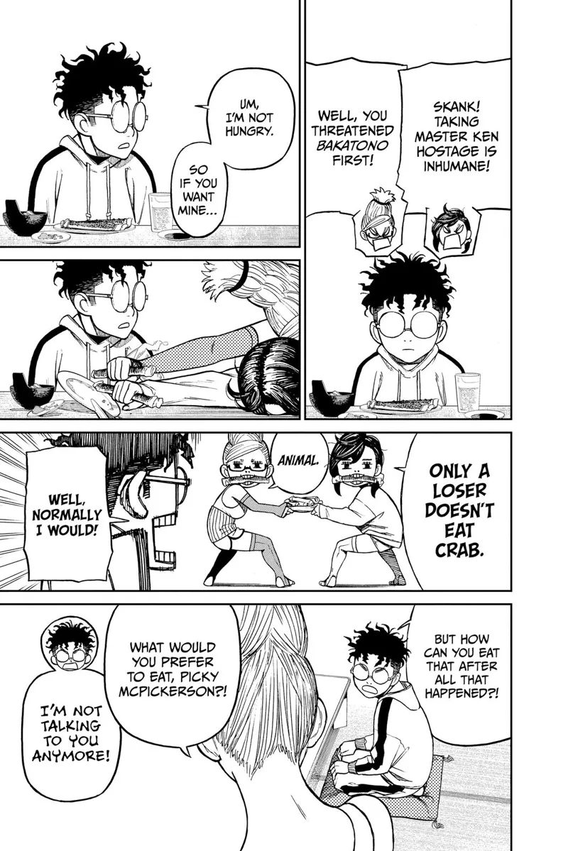 Okarun offers her crab meat to the two to stop their fight. Momo and Grandma swiftly grab her crab meat.