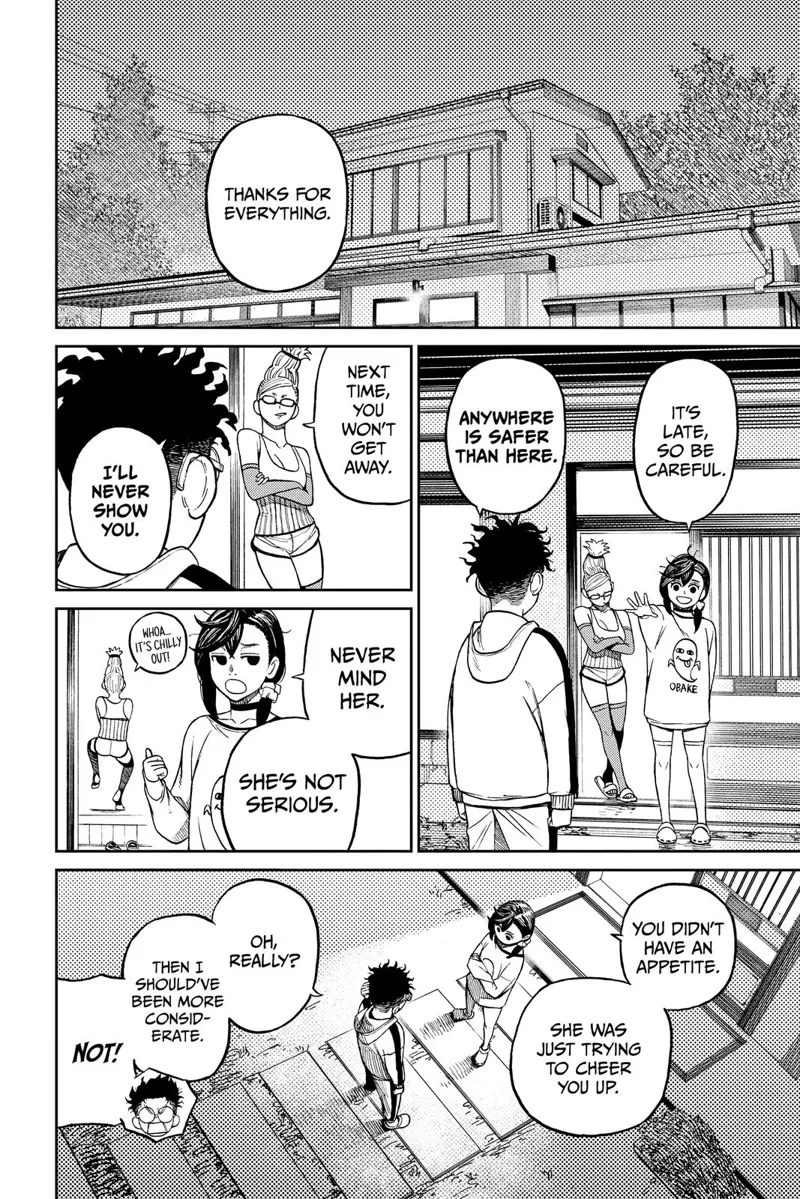 Okarun heads outside. Grandma Seiko and Momo bid him farewell. Grandma Seiko is still looking forward to seeing his penis.