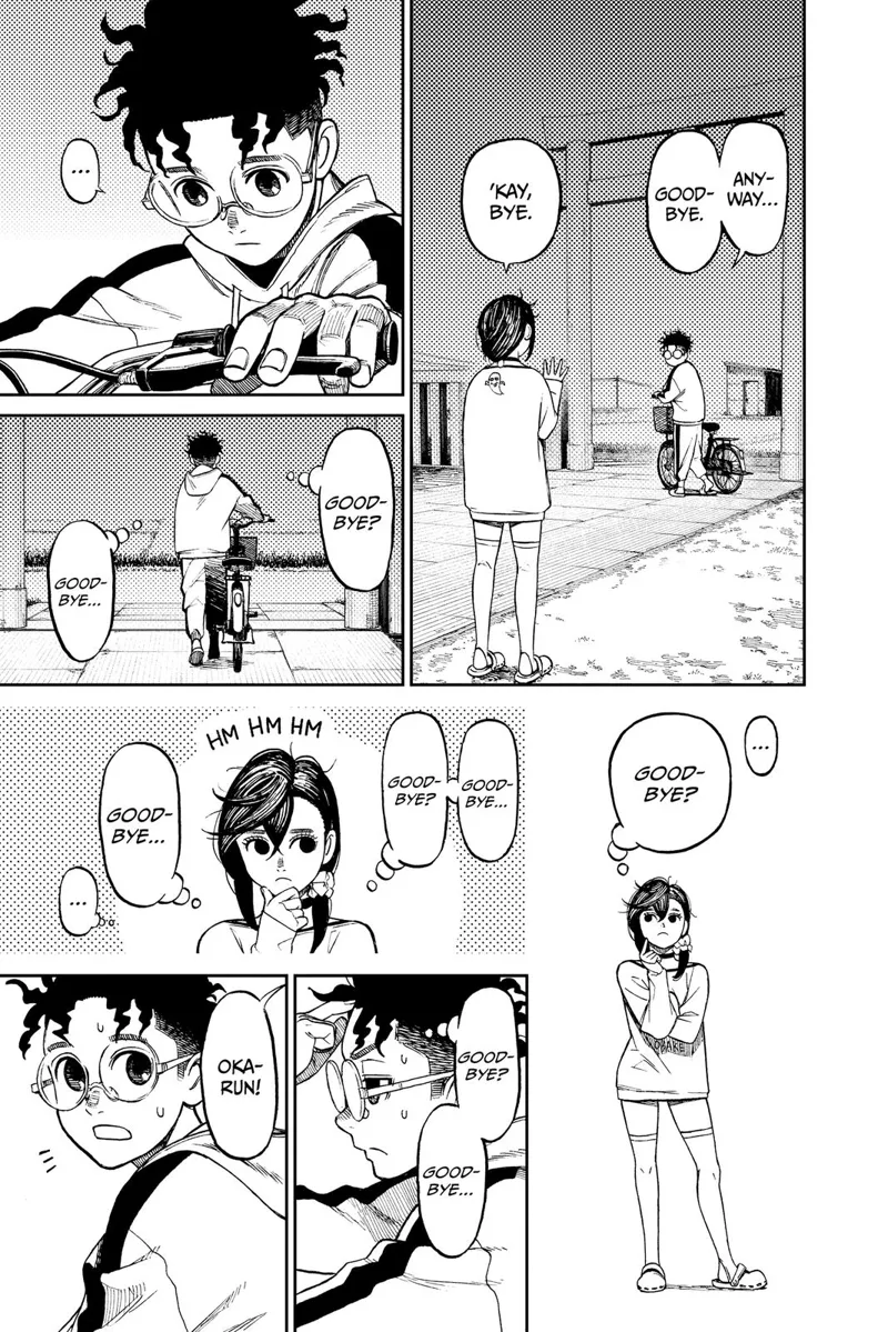 Okarun takes his bike and bids goodbye to Momo. He thinks about saying goodbye, and Momo thinks about it as well.