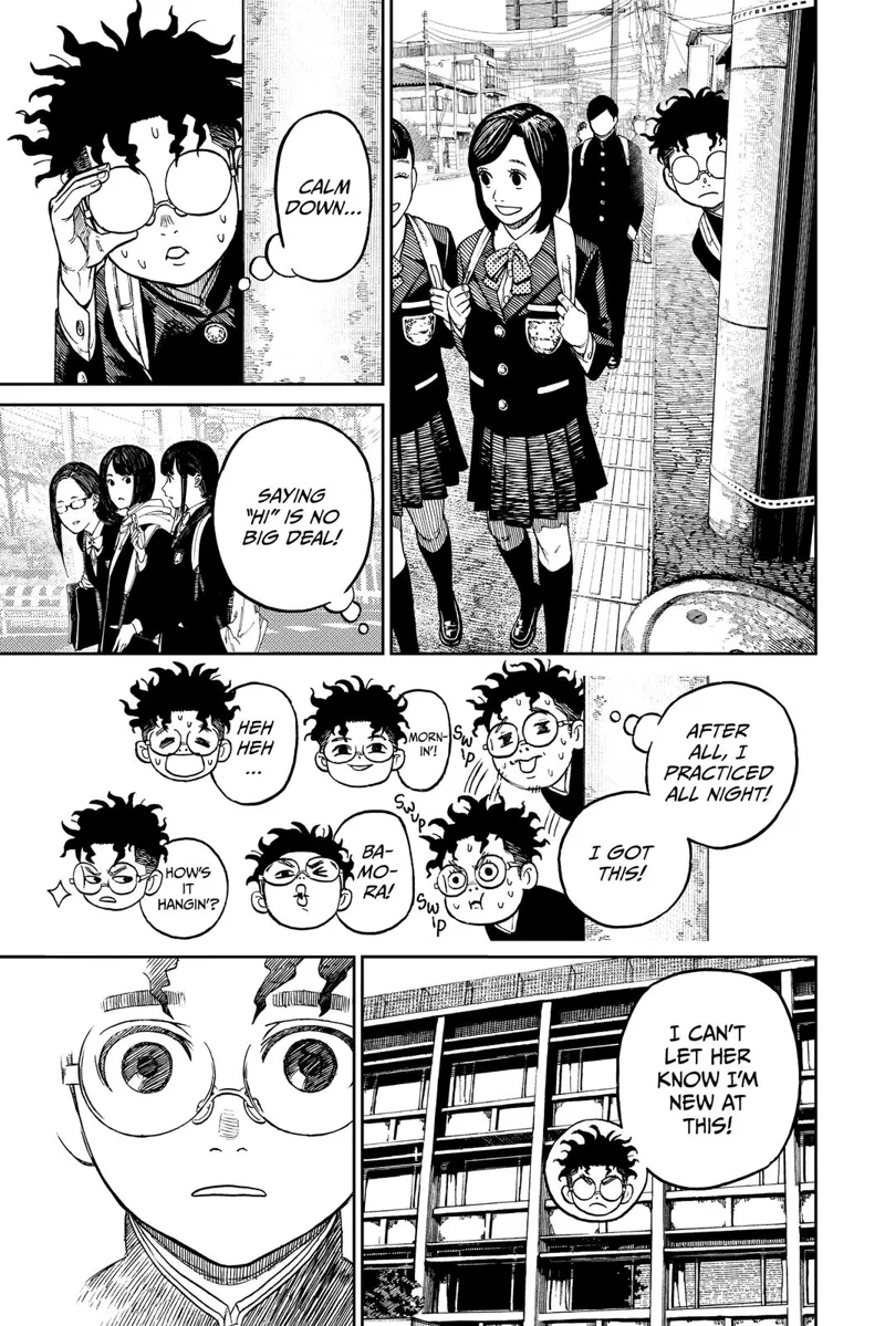 Okarun hides behind a post while students pass him by. He goes inside the school building.