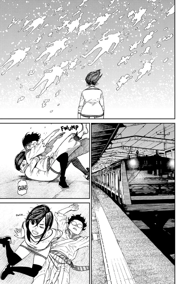 The souls disappear, the train stops, and Okarun falls into Momo on the pavement.