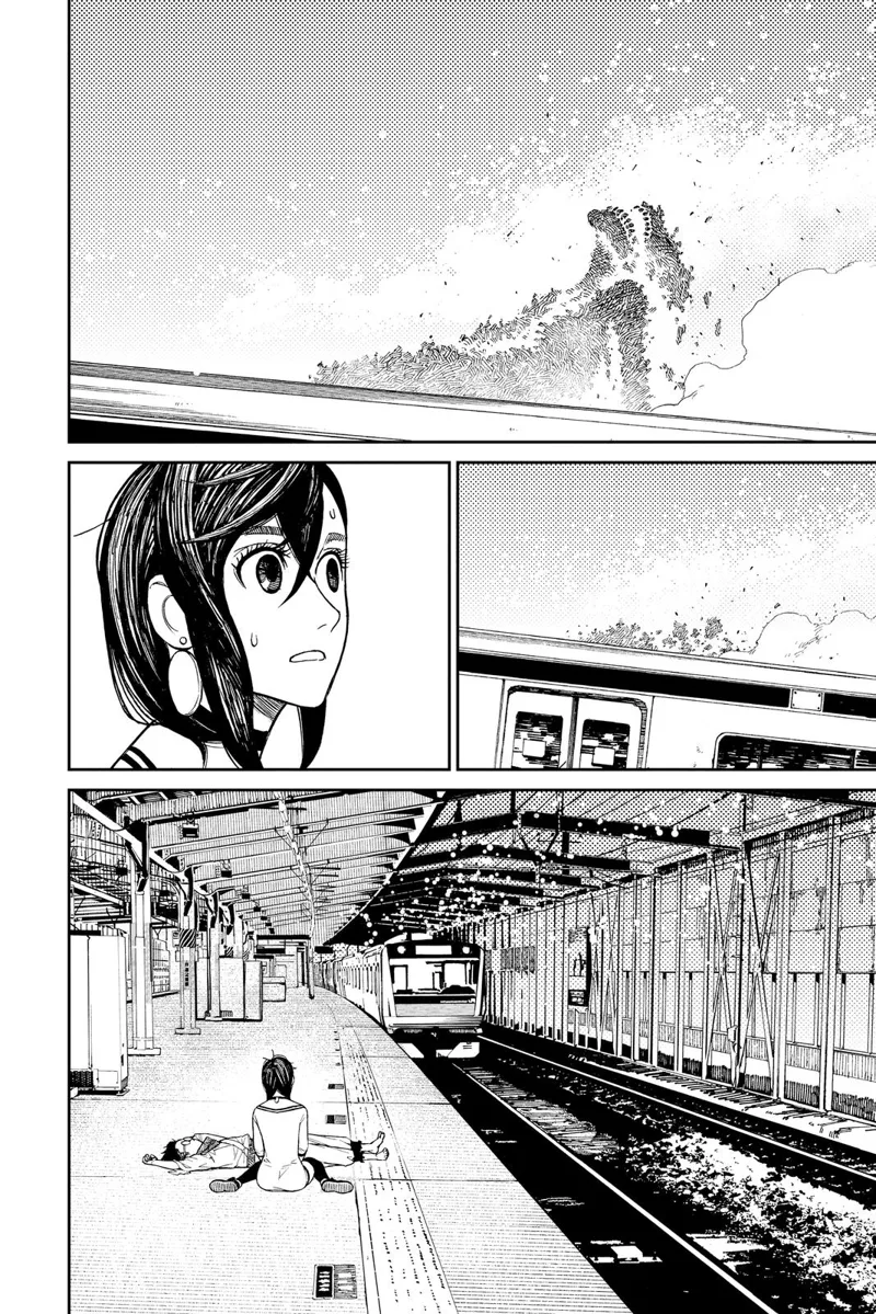 Momo sees the huge crab burning and slowly dissipating as well. The train leaves the station.
