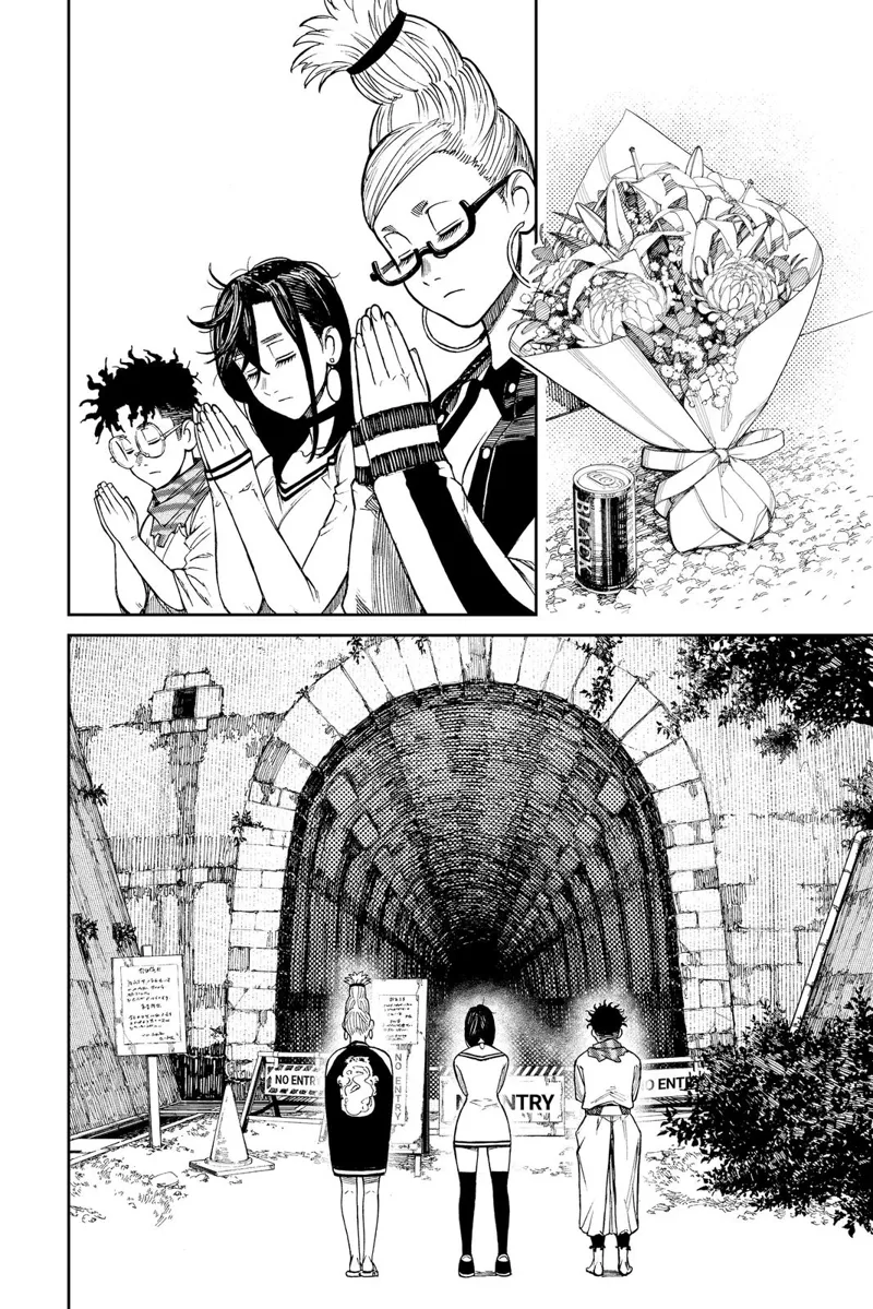 Momo, Okarun, and Granda pray outside the haunted tunnel. They brought flowers and a can of soda.
