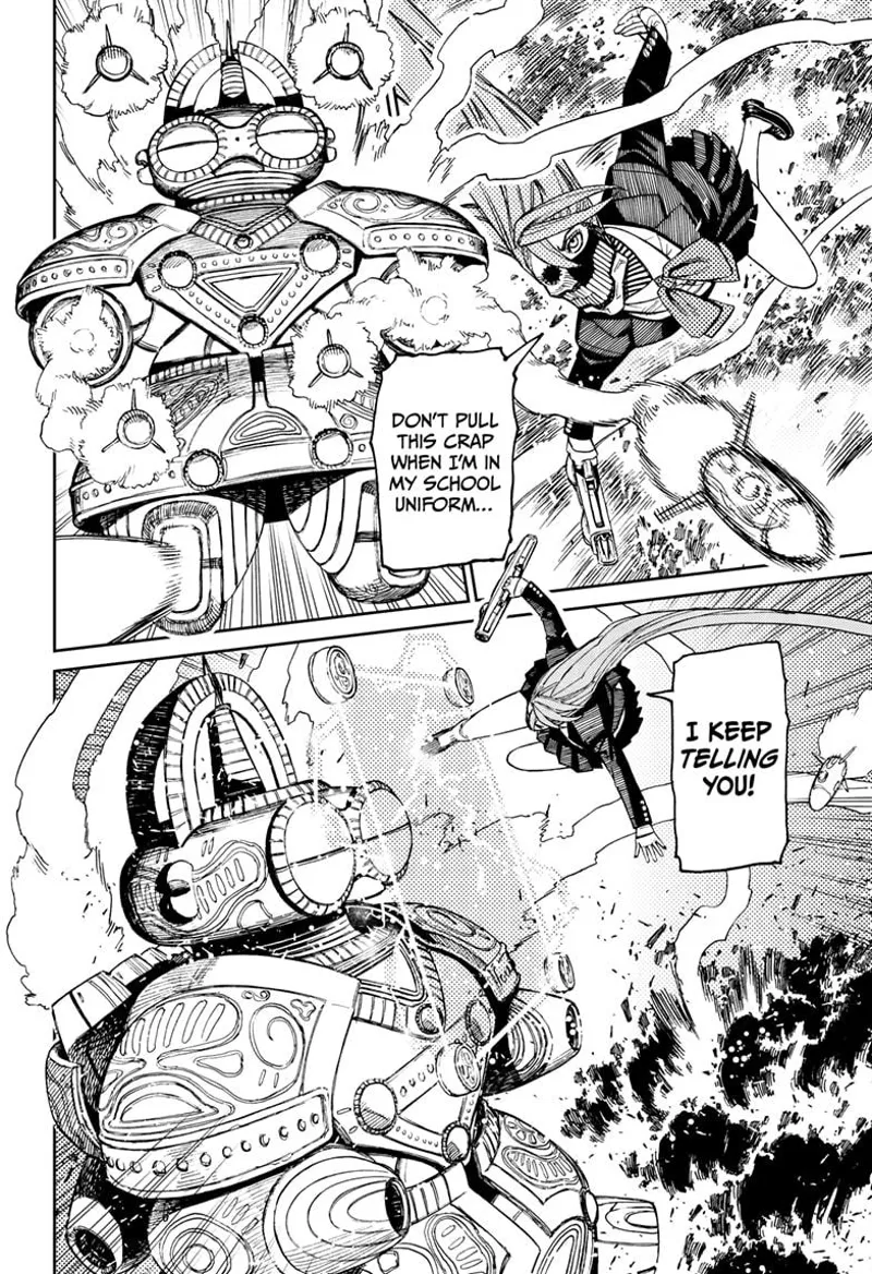 Cursed Aira jumps and kicks the alien, but she can't because of a barrier.