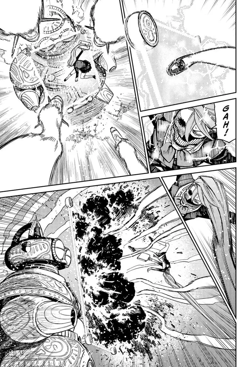 Cursed Aira's leg gets magnetized by the barrier. She falls down after missiles hit her.