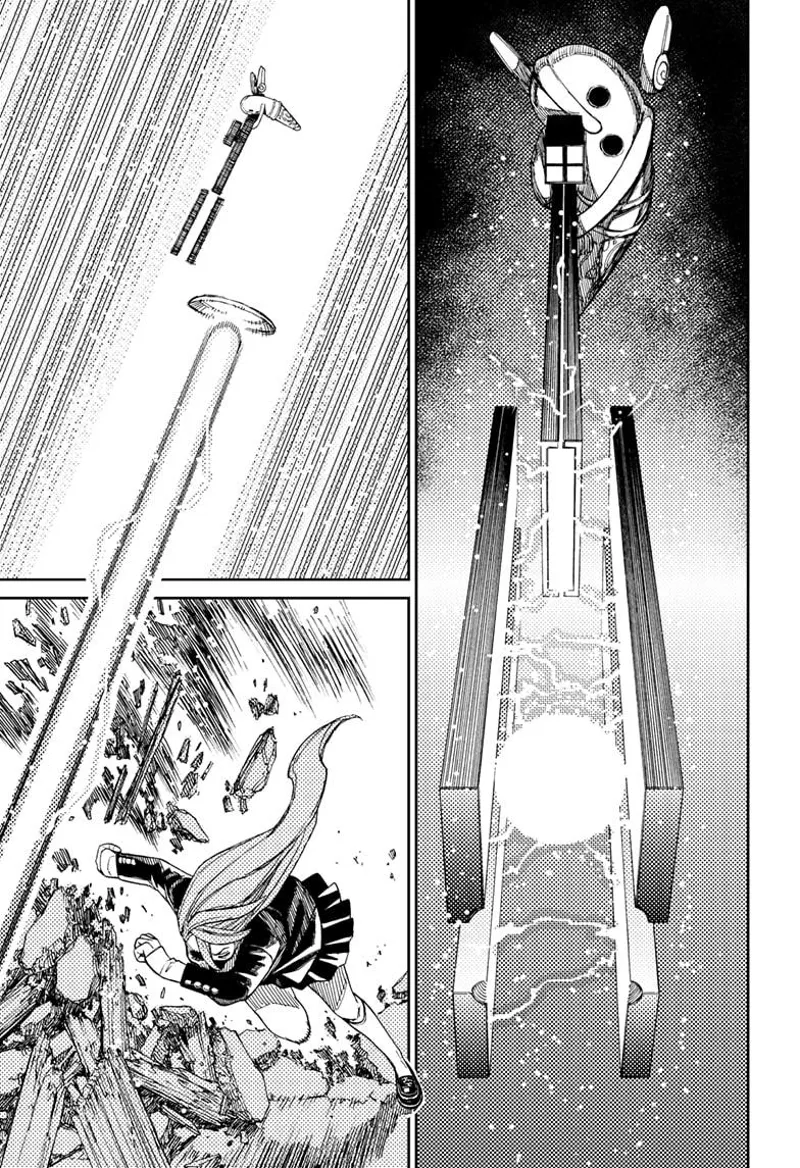 A hovering alien uses a sniper beam and fires it at cursed Aira, who is running to dodge the attack.