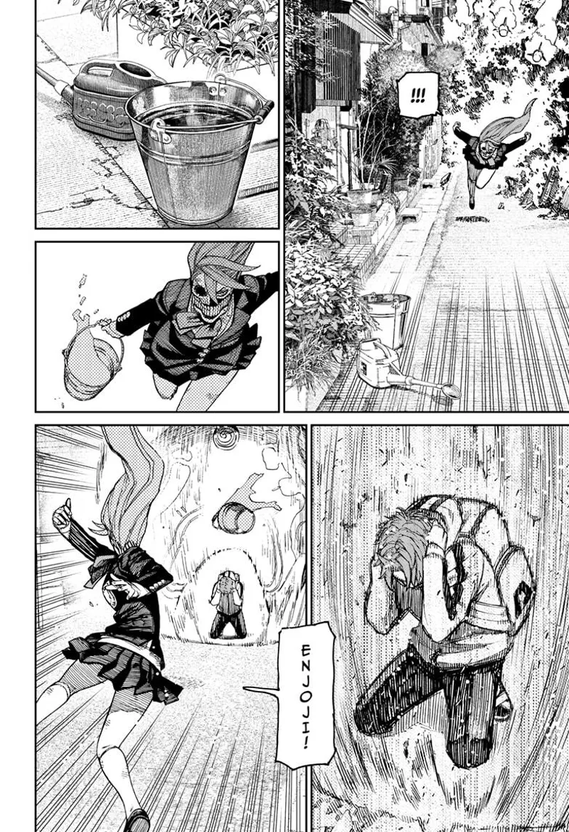 Aira runs, picks up a bucket of water, and throws it to Jiji, who is sitting down and holding his head.