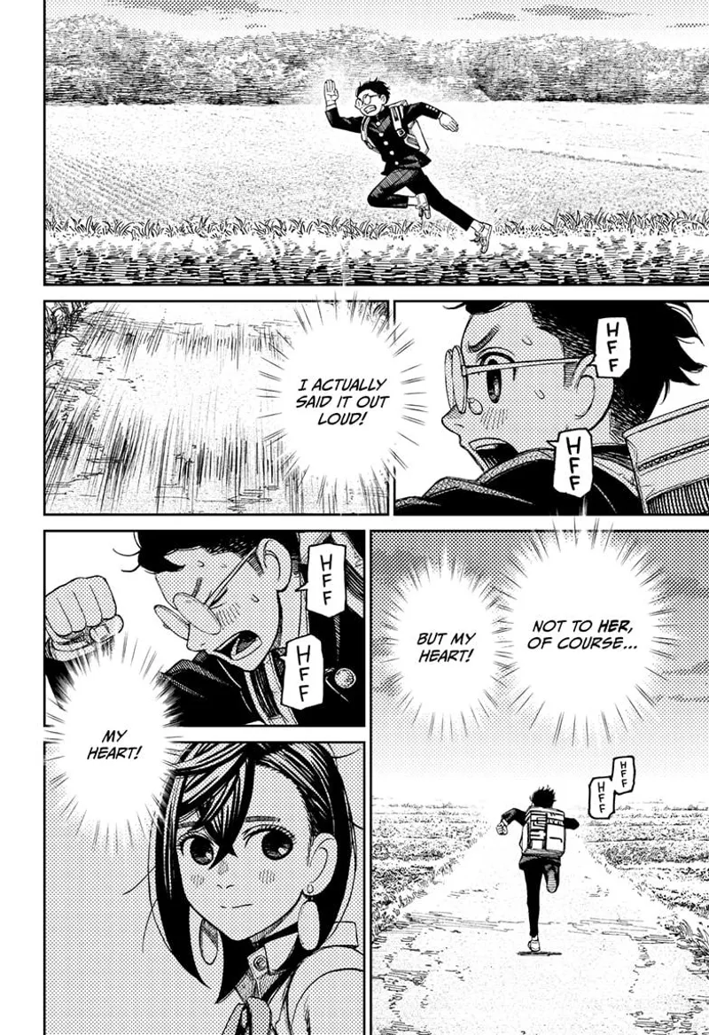 Okarun swiftly runs through the field while thinking about Momo.