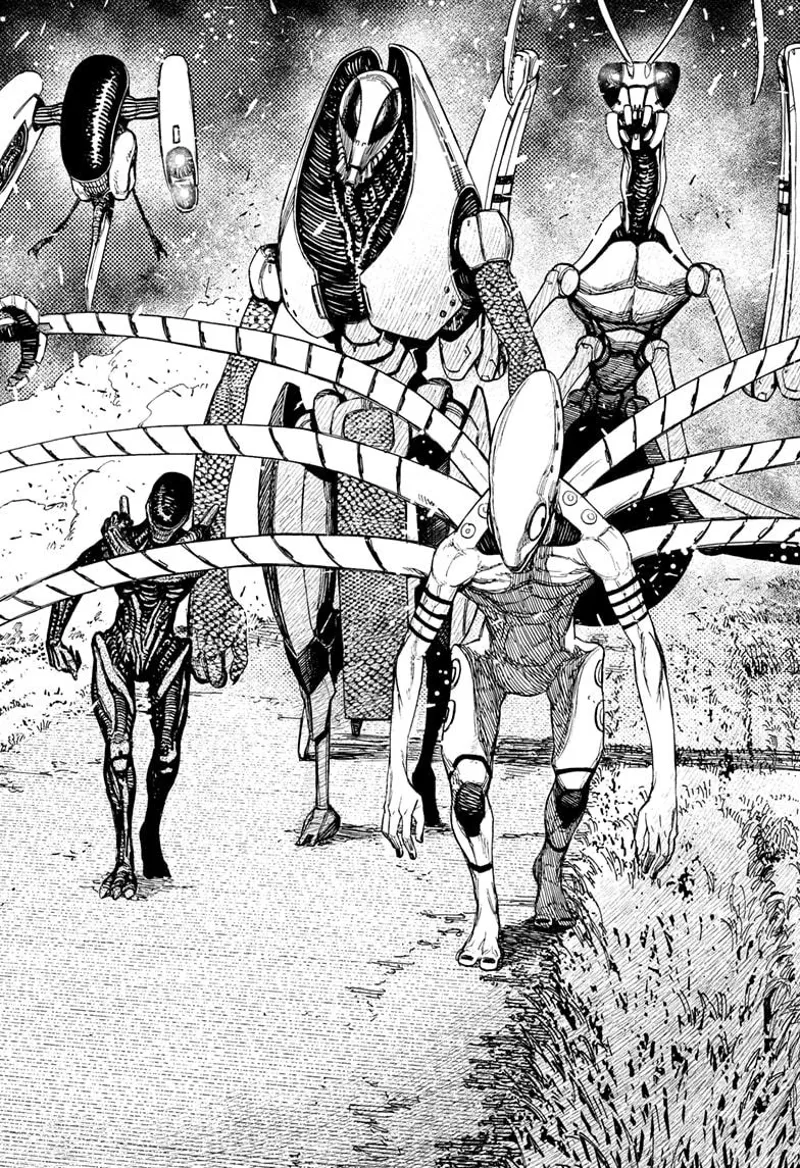 Five aliens with different forms walk towards him.