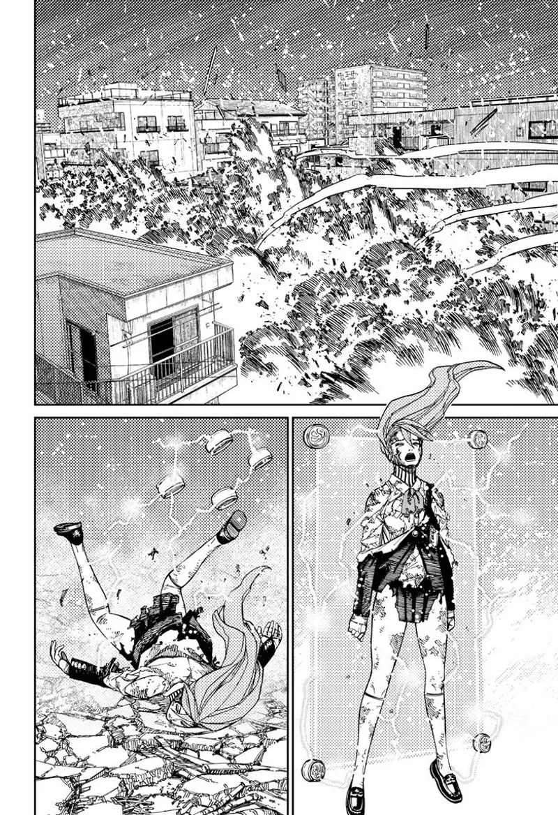 The ground and the buildings explode. Aira returns to normal and drops to the ground with her tattered clothes.