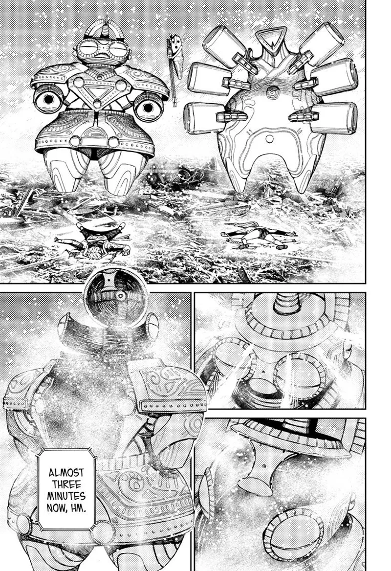 The three aliens stand before the defeated Aira and Jiji. They open their suits.