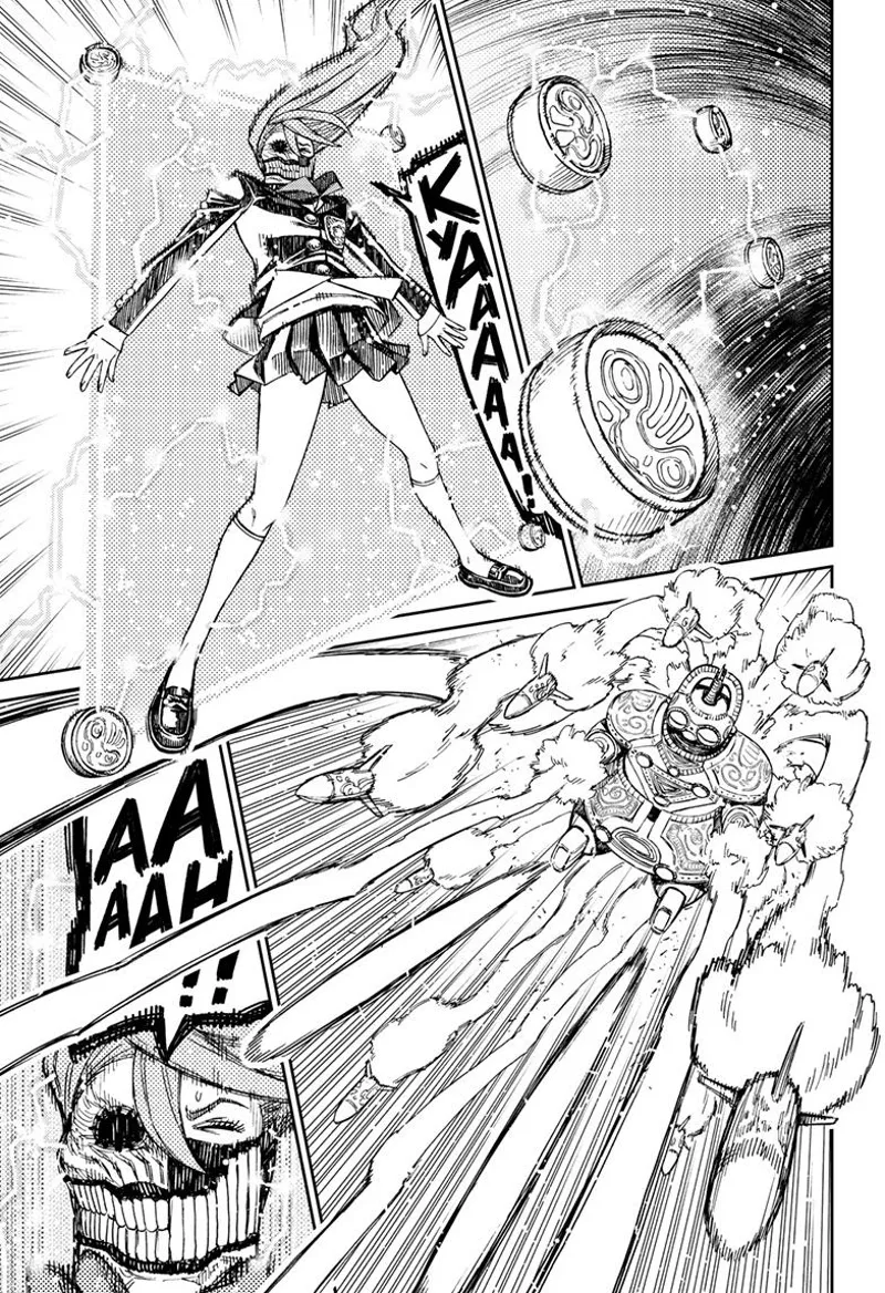 Cursed Aira gets trapped in a barrier. The alien fires more missiles at her.