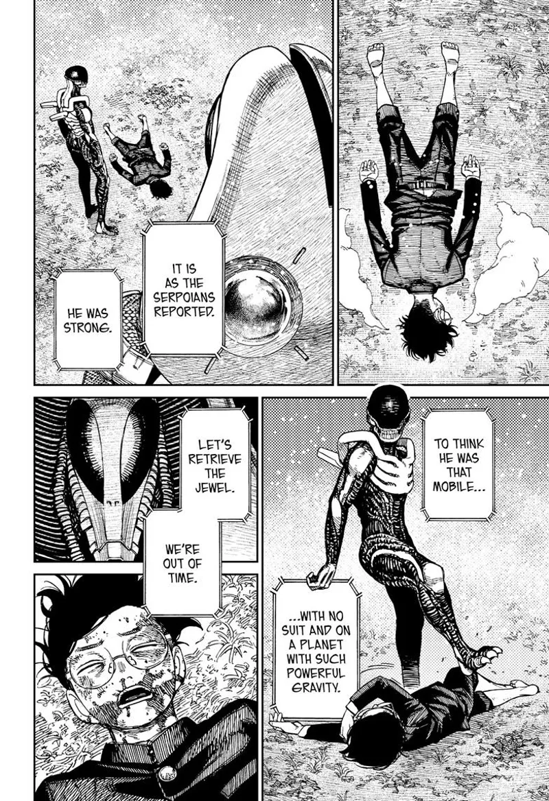 Okarun drops to the ground unconscious. The aliens plan to retrieve his jewel.