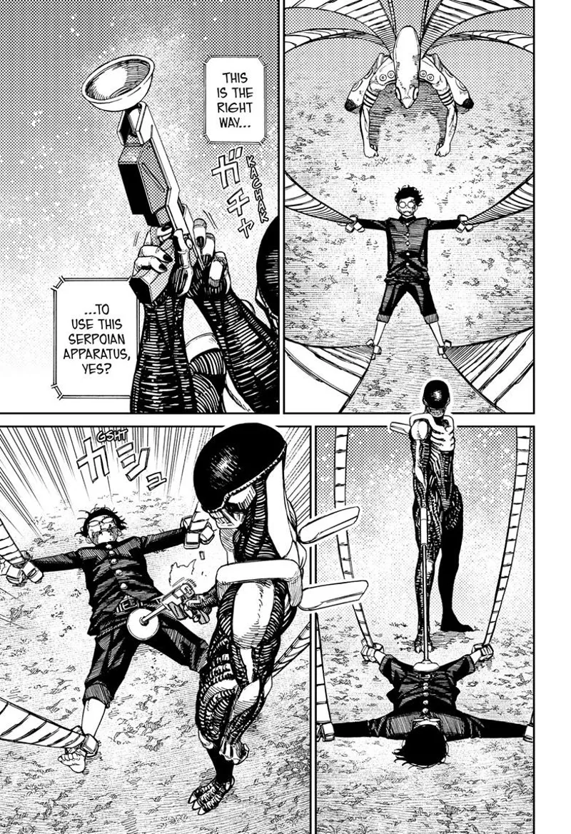 The tentacled alien grabs Okarun's limbs. The skinny alien throws a vacuum gun at his crotch.