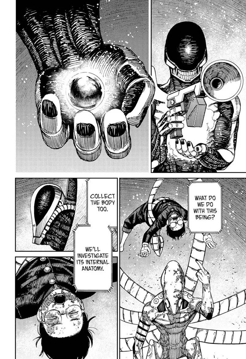 The skinny alien gets Okarun's ball. The tentacled alien carries Okarun.