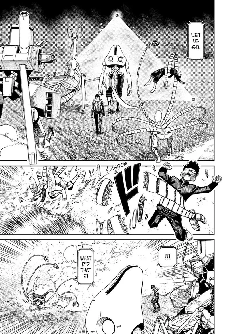 The aliens return to their spaceship with Okarun. Suddenly, the tentacled alien gets attacked.
