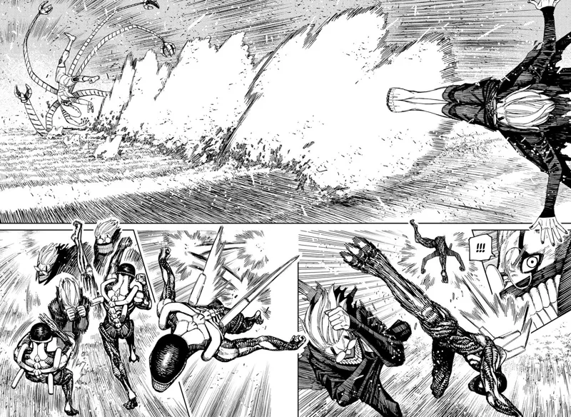 Cursed Okarun kicks the tentacled alien and dodges and blocks the skinny alien.
