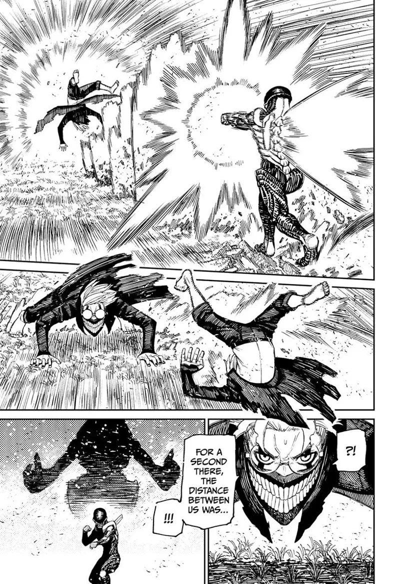 The skinny alien punches cursed Okarun, throwing him away. Cursed Okarun sees a silhouette behind the skinny alien.