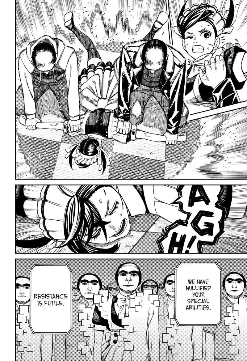 Two creepy men pin Momo to the ground after nullifying her powers. The creepy men start transforming.