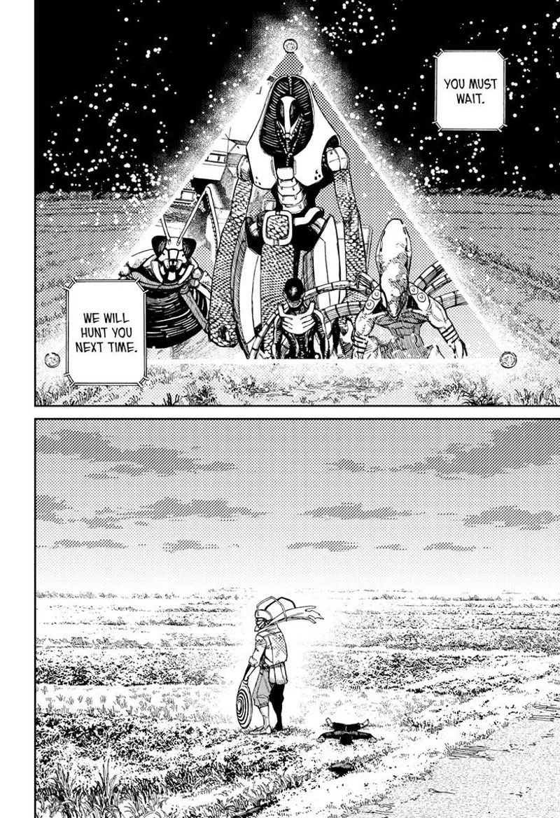 The aliens leave using a triangular portal. The sky turns back to normal with Mr. Shrimp guarding Okarun.
